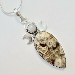 Beautiful, Rock Fossil and Rainbiw Moonstone on a 20 inch silver chain
